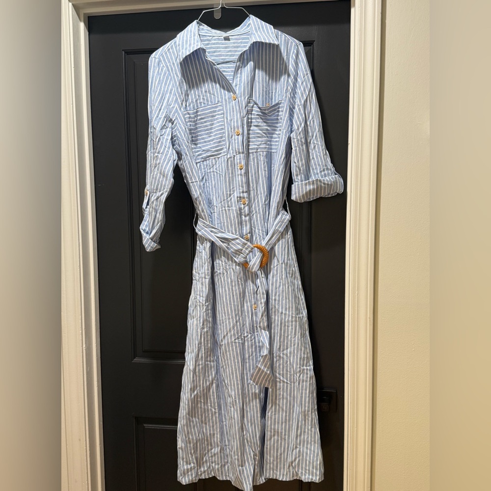 Striped Button-Front Shirt Dress with Belt - Light Blue/White